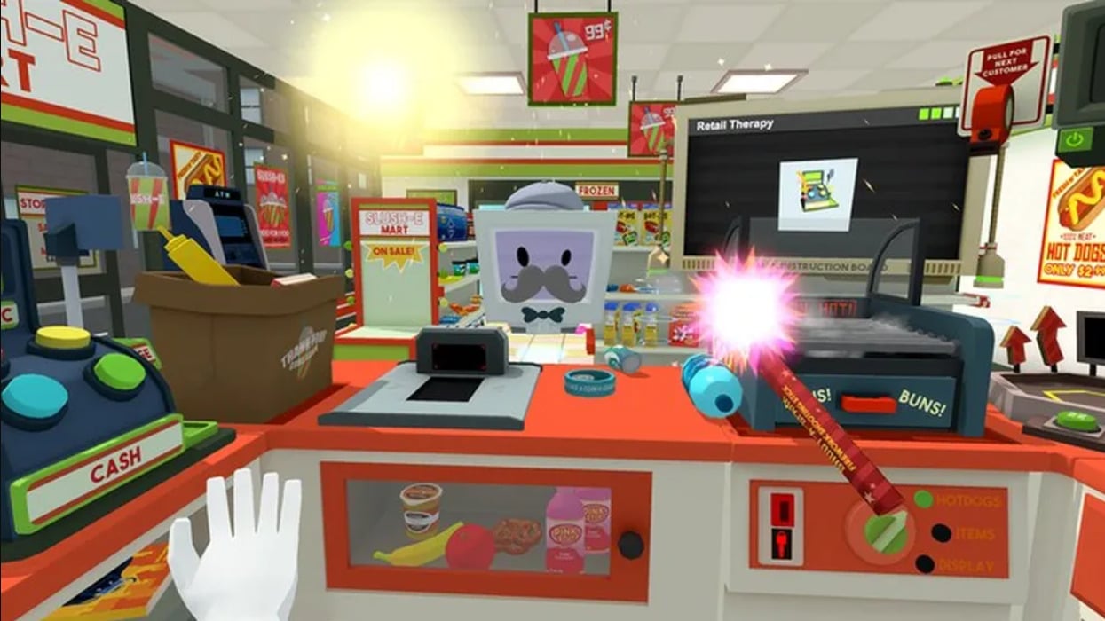 Print do jogo de realidade virtual Job Simulator, que tem como objetivo de fazer com que o jogador realize tarefas absurdas em diferentes ambientes de trabalho.