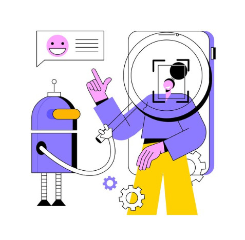 Ilustração de um robô roxo com uma lupa no rosto de uma pessoa que está usando uma camisa roxa e calça amarela, como se ele quisesse analisar o rosto dela