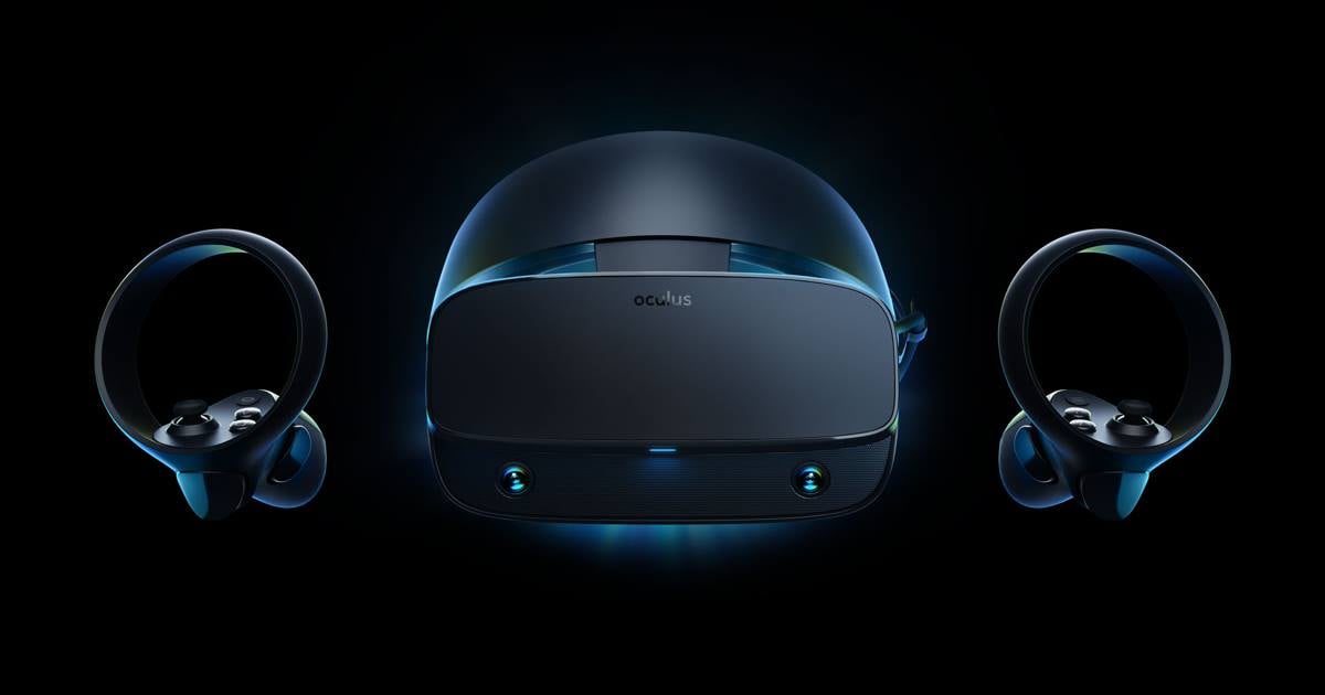 Imagem do Oculus Rift S, lançado em 2019 pelo Facebook. É um óculos de realidade virtual, que foi lançado com o objetivo de substituir o headset Rift VR para PC.