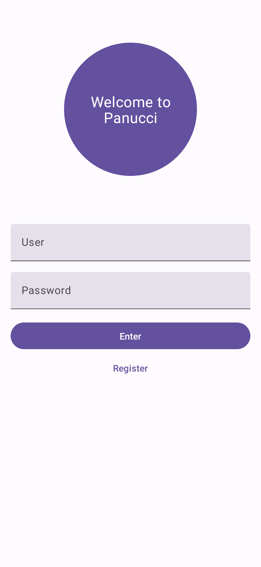 Tela de autenticação com a mensagem “welcome to Panucci”, dois campos de texto para inserir o usuário e senha e dois botões para entrar no app e registrar.