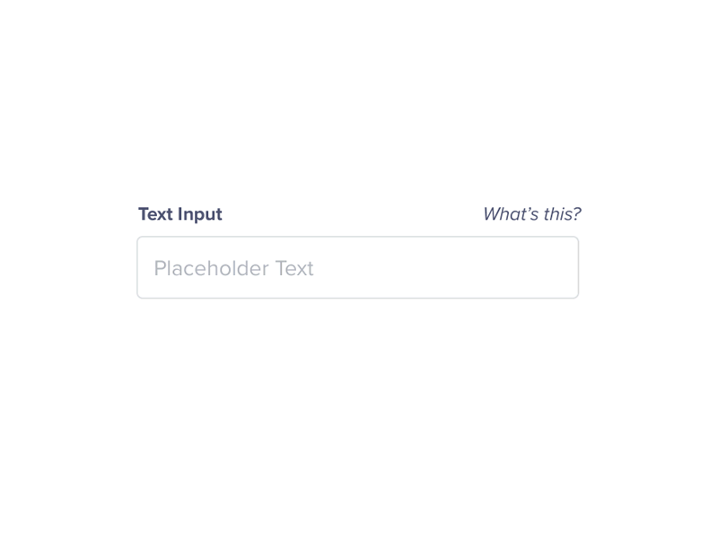 Campo de entrada de texto com o rótulo ”Text Input” à esquerda em roxo escuro, texto placeholder em cinza claro dentro do campo, e o texto ”What's this?" em itálico à direita. O campo tem bordas suaves e arredondadas.