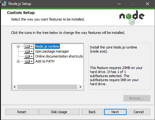 Tela de instalação do NodeJS no Windows