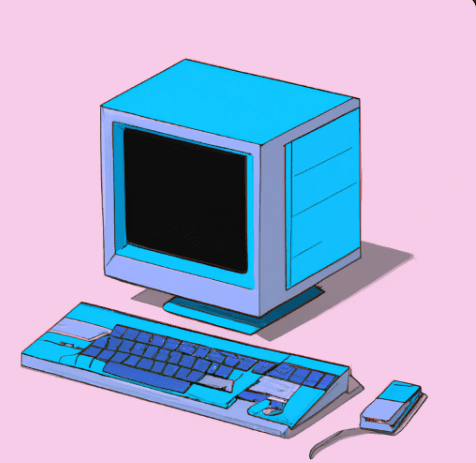 imagem de um computador de tubo, desenhado com traços semelhantes a lápis, de forma imprecisa, nas cores azul claro, roxo e azul escuro, acompanhado de teclado e mouse no mesmo estilo, com fundo sólido na cor rosa claro.