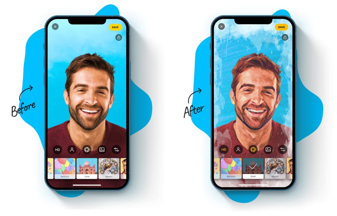 duas imagens do aplicativo Prisma. Na primeira a foto de um homem sorrindo e na segunda esse mesmo homem mas a imagem em traços de pintura.