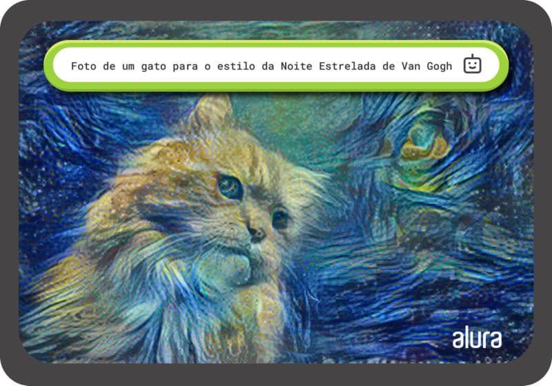 Foto de um gato convertida para o estilo da pintura Noite Estrelada de Van Gogh com um balão de texto centralizado no topo da imagem. No balão, lê-se “Foto de um gato para o estila da Noite Estrelada de Van Gogh” e há um ícone de um robô à direita.