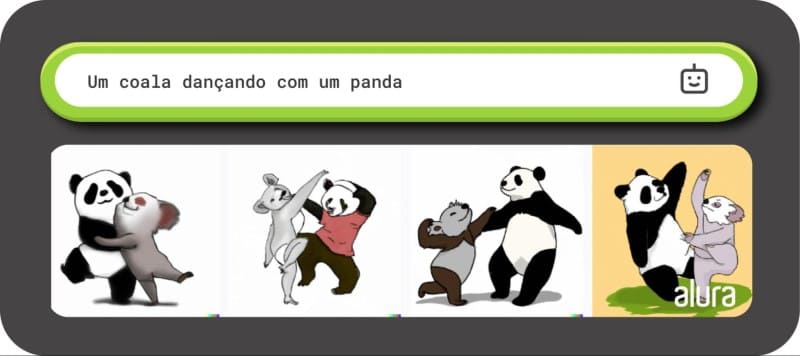 Imagens geradas pela DALL-E a partir da descrição “Um coala dançando com um panda” com um balão de texto centralizado no topo da imagem. No balão, lê-se “Um coala dançando com um panda” e há um ícone de um robô à direita.