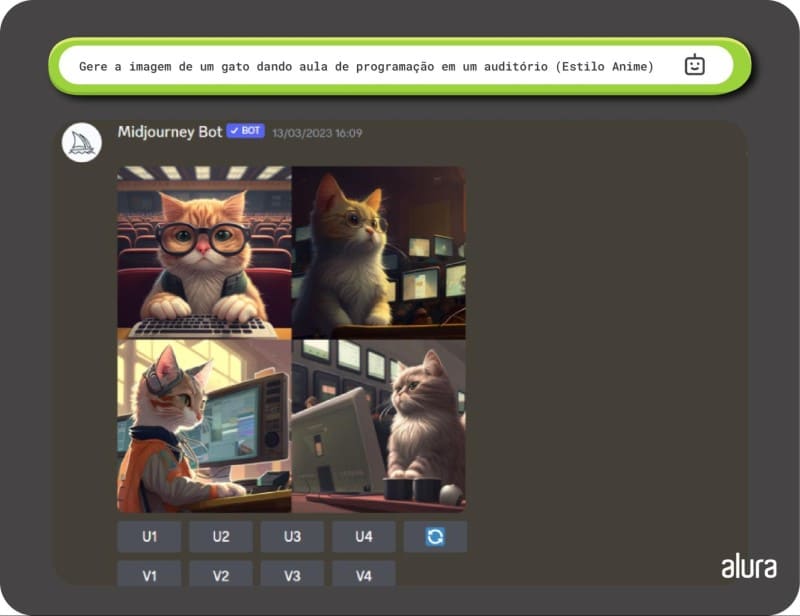 Exemplo de imagens geradas com o Midjourney para a descrição “Gere a imagem de um gato dando aula de programação em um auditório (Estilo Anime)”. Na topo da imagem, um balão de texto centralizado em que lê-se “Gere a imagem de um gato dando aula de programação em um auditório (Estilo Anime)” com um ícone de um robô à direita.