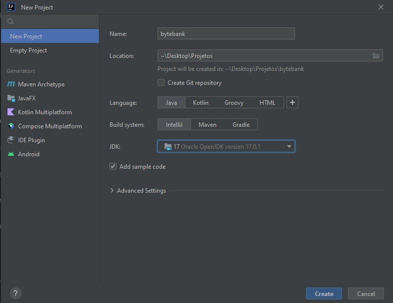 Página “New project” onde aparecem os campos “Name”, com “bytebank” e outros campos como “Location”, “Language”, “Build system” e “JDK”.