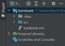 Zoom da visualização de “Project”, com a estrutura das pastas do projeto. O primeiro diretório é o “bytebank”, dentro dele o diretório “.idea”. Também temos a pasta src, dentro dela o arquivo “bytebank.iml”. Abaixo, temos o segundo diretório,  “External Libraries”.