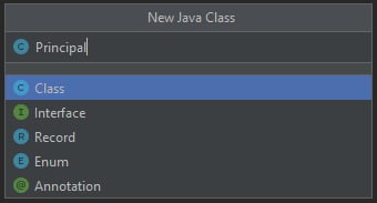 Opção “New Java Class” com as seguintes opções de arquivos: Class, Interface, Record, Enum e Annotation.