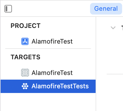 Imagem que mostra a tela do XCode. No lado esquerdo da tela, há uma lista com projetos e targets da aplicação. No primeiro título, “project”, há a aplicação “AlamofireTeste”. Abaixo, a lista dos targets, que são dois: AlamofireTest e AlamofireTestTests.