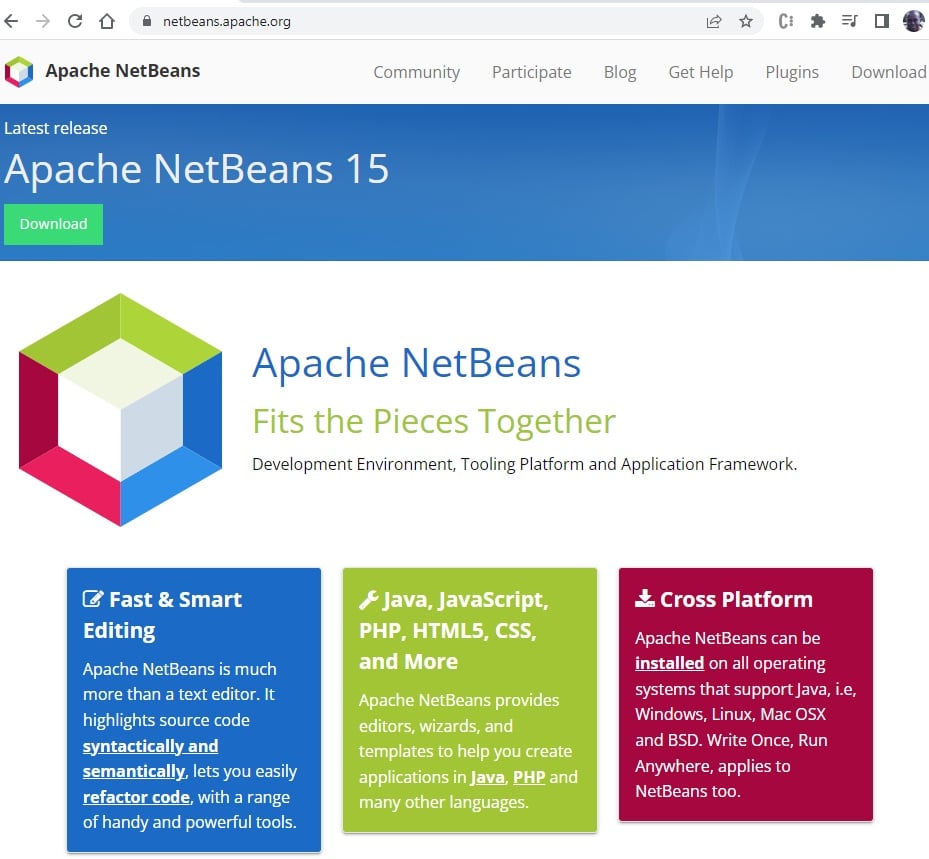 Página da netbeans.org, exibindo informações sobre a IDE e o link para download da ferramenta Apache NetBeans 15.