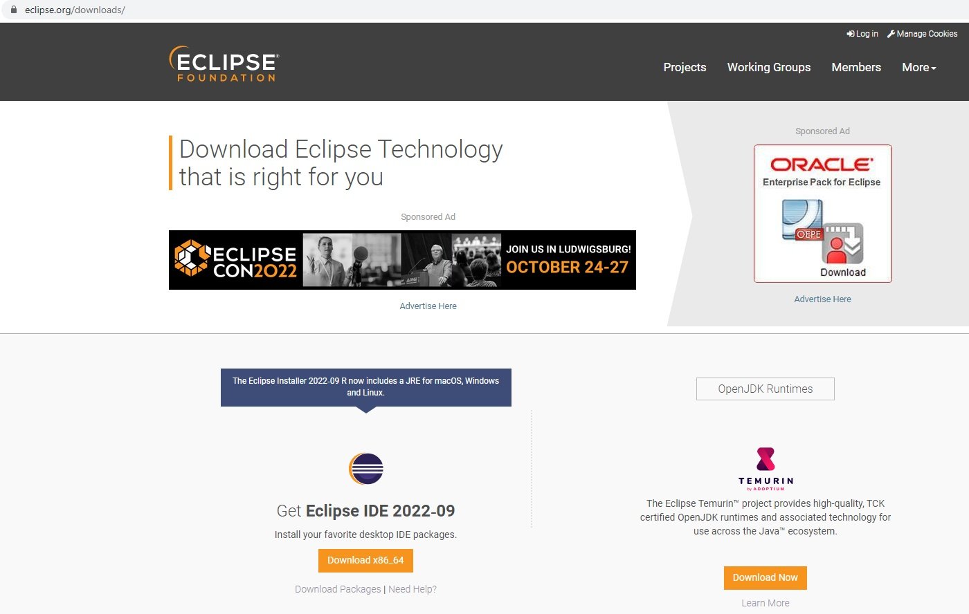 Página da Eclipse Foundation, exibindo informações e o botão para download da ferramenta Eclipse IDE 2022-09.
