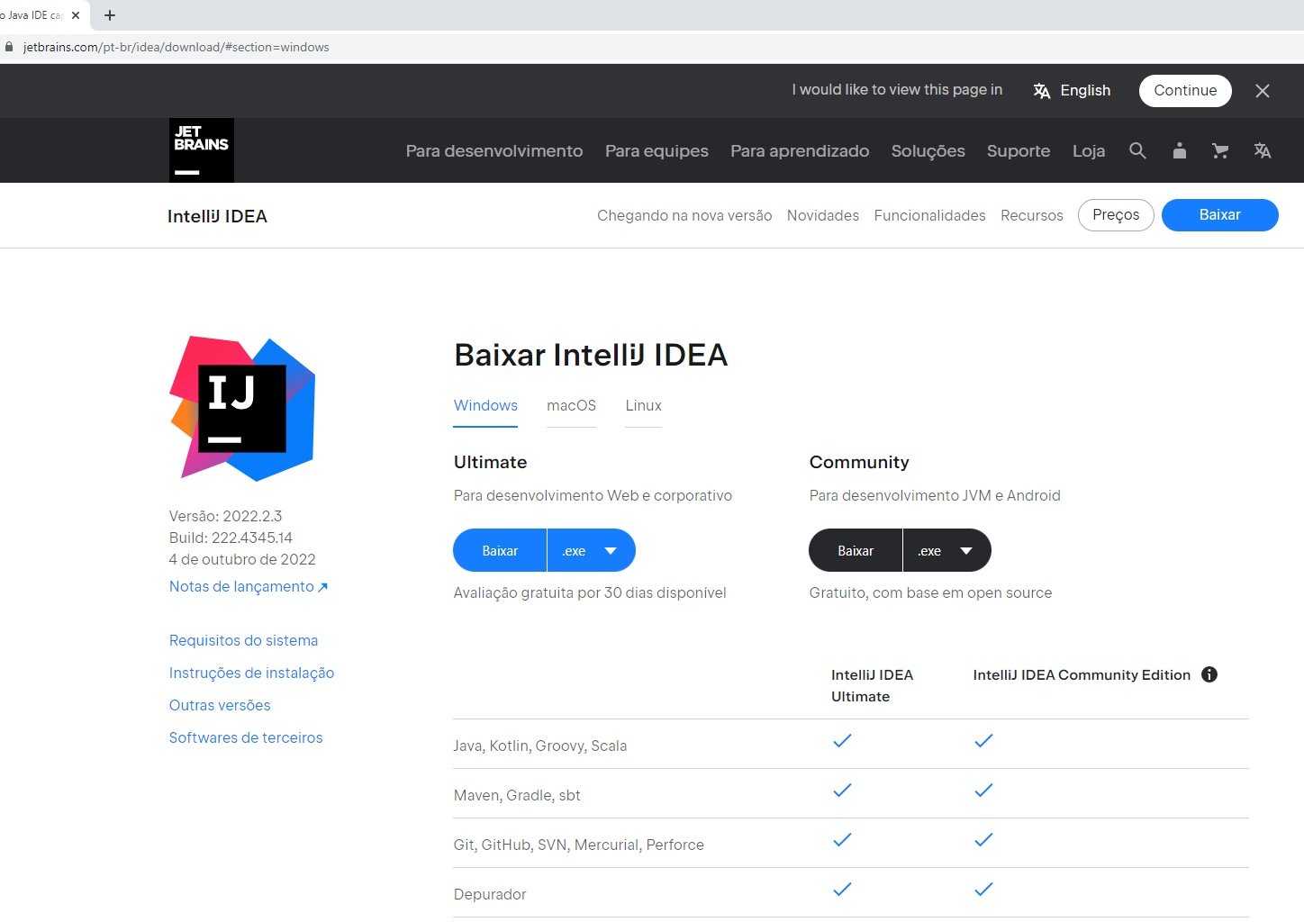 Página da jetbrains.com, exibindo listas de atributos e os links para download da ferramenta IntelliJ IDEA nas versões Ultimate e Community.