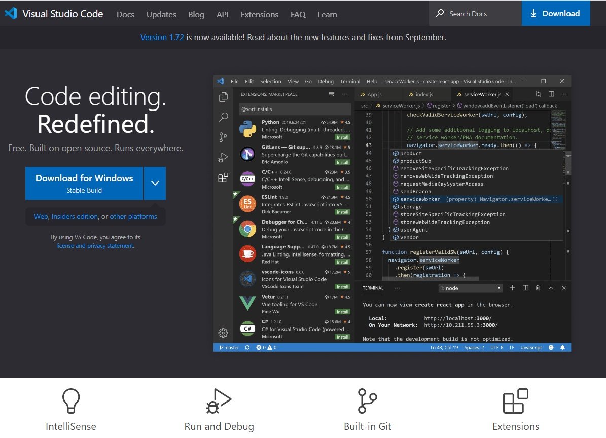 Página do Visual Studio Code, exibindo o link para download da versão para o sistema operacional Windows e uma prévia da sua interface.