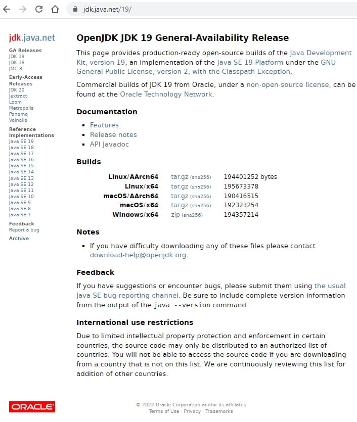 Página da OpenJDK em sua versão 19, exibindo informações gerais sobre a documentação, instalação em diferentes sistemas operacionais, instruções de feedback e eventuais restrições de uso internacional.
