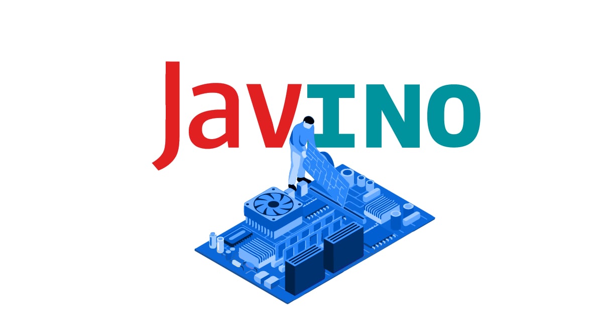 No topo da imagem, há uma junção do prefixo de Java (em vermelho) e do sufixo de Arduíno (em verde), formando o nome da biblioteca “Javino”. Abaixo, um ícone representando uma placa de hardware.