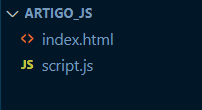 Imagem colorida. Captura de tela da parte de arquivos do editor de código Visual Studio Code, com fundo azul escuro. Na parte superior temos um símbolo semelhante a uma seta apontando para baixo, como um botão para fechar ou minimizar arquivos. Ao lado o nome “ARTIGO_JS” em negrito. Abaixo disso um símbolo de código e ao lado o nome “index.html”. Abaixo disso, um símbolo “JS” e ao lado o nome “script.js”.