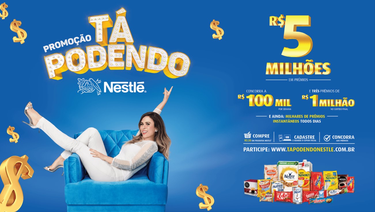 Imagem da promoção “Tá podendo”, da Nestlé, com informações dos valores dos prêmios, alguns produtos da marca e com a atriz Tatá Werneck sentada em um sofá.