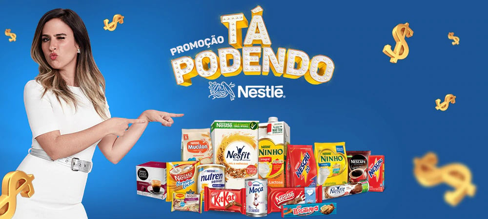 Imagem da promoção “Tá podendo”, da Nestlé, apresentando alguns produtos da marca e a atriz Tatá Werneck apontando para esses produtos.