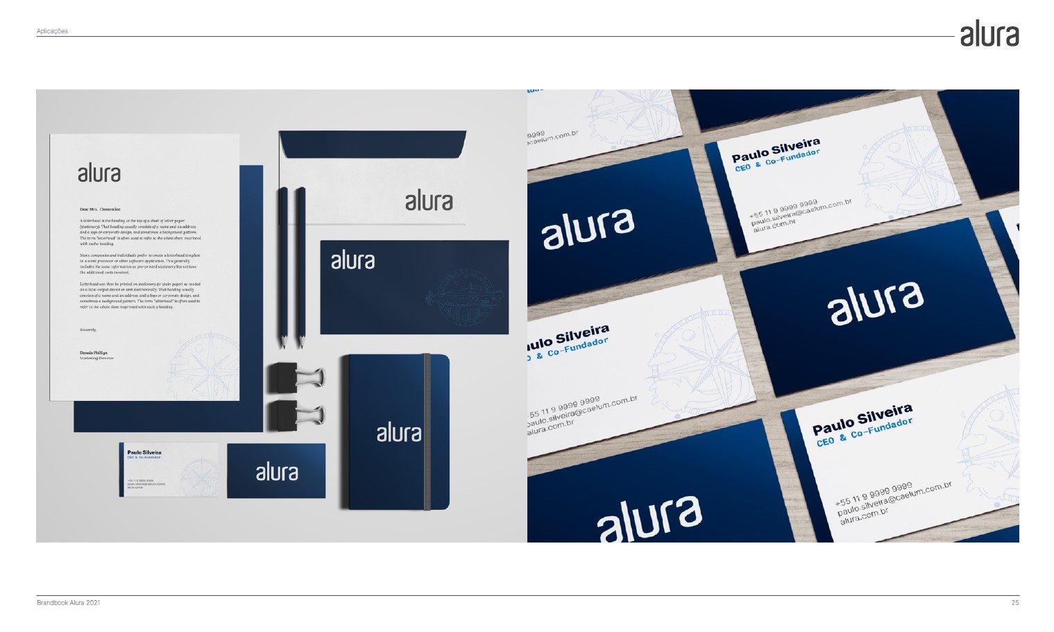 Imagem do manual de identidade da Alura, com exemplos de cartões de visitas, cadernos, envelopes.