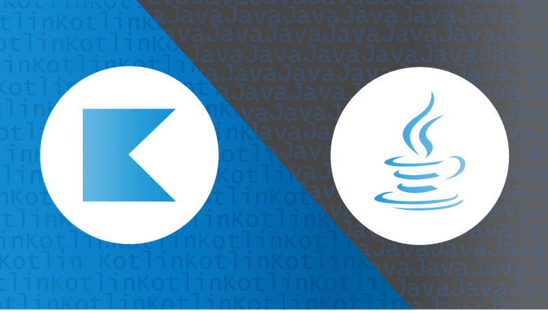 Ícones do Kotlin e Java em tons de azul e cinza posicionados em lados opostos.