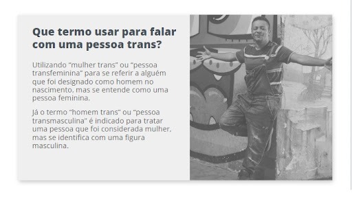 Material didático interno da Alura utilizado no mês da visibilidade trans, nele é possível aprender "Que termo usar para falar com uma pessoa trans".