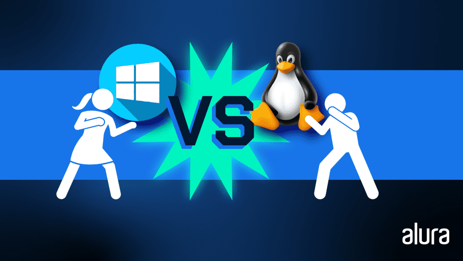 Fundo azul escuro com uma faixa azul claro no meio, no centro há o texto “VS” - abreviação de versus, e em cada lado um desenho de um boneco em posição de luta. No lado esquerdo, há o logotipo do Windows e no lado direito do Linux.