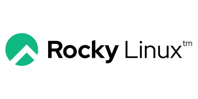 Logo do Rocky Linux, formado por um círculo verde à esquerda com uma faixa triangular na cor branca, seguido de “Rocky Linux ™”