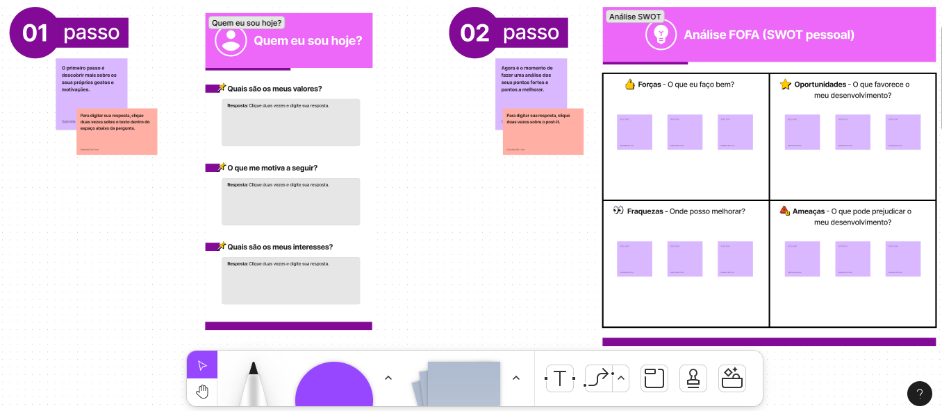Imagem dos passos 01 e 02 utilizados no template de Mapa de Competências, projeto desenvolvido no curso Product Design: o papel do designer de produtos.
