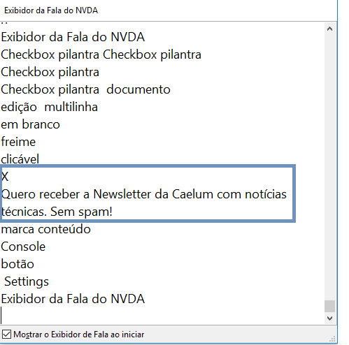 Exibidor de fala do NVDA tentando ler o checkbox