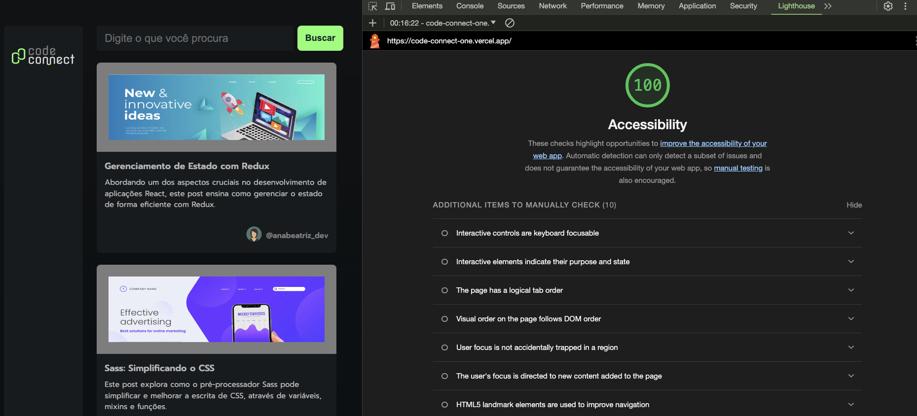 A imagem exibe um navegador com duas abas abertas. À esquerda, o site "code connect" apresenta um artigo sobre "Gerenciamento de Estado com Redux". À direita, na aba do Chrome DevTools, a seção "Lighthouse" mostra uma pontuação perfeita de 100 em acessibilidade para o site, junto com uma lista de verificações manuais adicionais a serem realizadas, como foco do teclado e a ordem lógica de navegação.