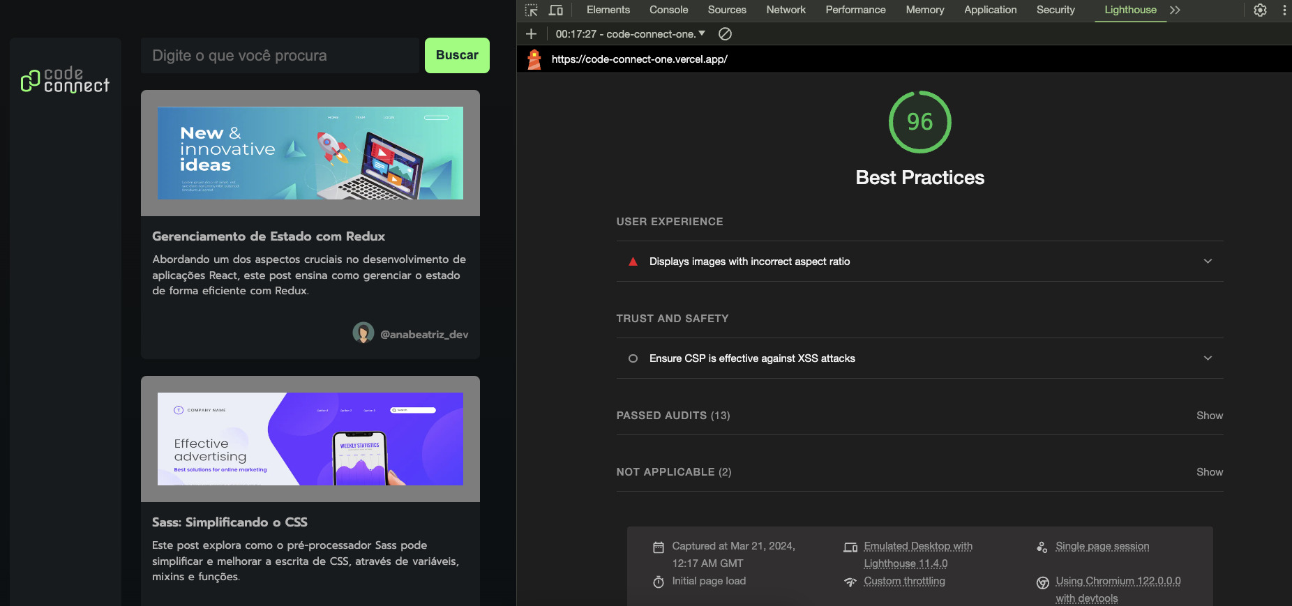A imagem exibe um navegador com duas abas abertas. À esquerda, há a página inicial do site "code connect" com artigos de programação. À direita, o Chrome DevTools está aberto na seção "Lighthouse" indicando uma pontuação de 96 em Melhores Práticas. Há uma observação sobre imagens com proporção incorreta e uma nota para garantir que a Política de Segurança de Conteúdo (CSP) seja eficaz contra ataques de Cross-Site Scripting (XSS).
