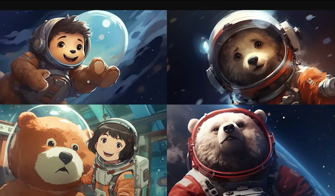 A imagem contém as 4 imagens geradas com o prompt “um urso astronauta com estilo anime”. Em 3 imagens, aparece o rosto de um urso vestido com equipamentos de astronauta. Na outra aparece um urso e um menino vestido de astronauta.