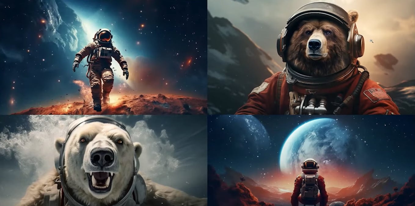 A imagem contém as 4 imagens geradas com o prompt “um urso astronauta”. Em duas delas aparece um astronauta de corpo inteiro em um ambiente galáctico. Não aparece o rosto. Nas outras duas imagens, aparece o rosto de um urso vestido com equipamentos de astronauta.
