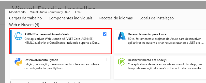 Na imagem vemos a tela do Visual Studio Installer, destacando a opção ASP.NET and web development.