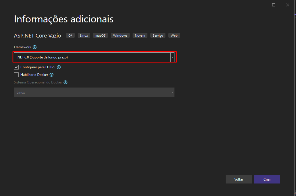 Na imagem vemos a tela do Visual Studio 2022, com  a opção do framework .NET 6.0 destacada.