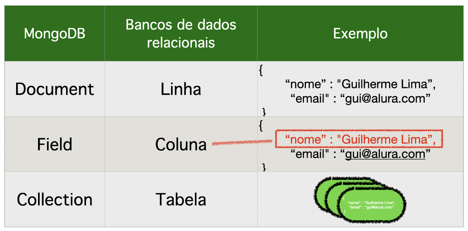 documentos campos e coleções do mongo db