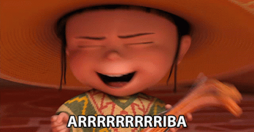 A imagem em loop mostra uma animação de garotinha com roupas tradicionais mexicanas. É a personagem Agnes, do filme “meu Malvado favorito”. Um chapéu grande que se chama sombrero. Ela grita animada “Arriba!”.