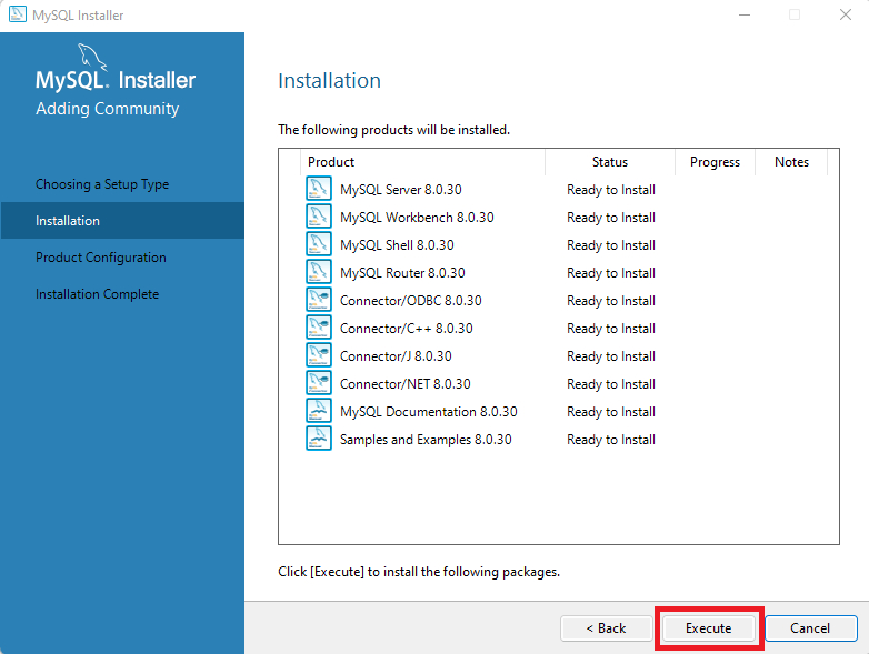 Página do MySQL Installer com a opção Installation selecionada, no menu à esquerda. Ao lado direito, temos as informações correspondentes, com o botão Execute destacado com um retângulo vermelho, no canto inferior direito da página.