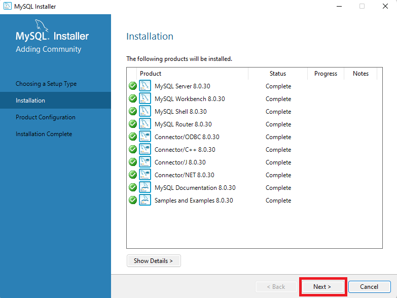 Página do MySQL Installer com a opção Installation selecionada, no menu à esquerda. Ao lado, temos as informações referentes aos pacotes instalados, e o botão Next destacado em um retângulo vermelho, no canto inferior à direita da página.