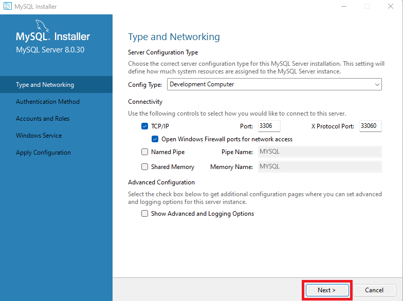 Na sequência, temos a página do MySQL Installer, com a aba Type and Networking selecionada,  com o botão Next destacado com um retângulo vermelho abaixo.