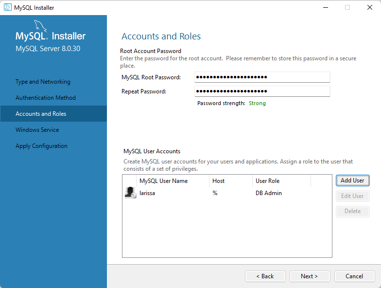 Página do MySQL Installer com a aba Accounts and Roles selecionada. Ao lado direito temos os campos MySQL Root Password e Repeat Password preenchidos.