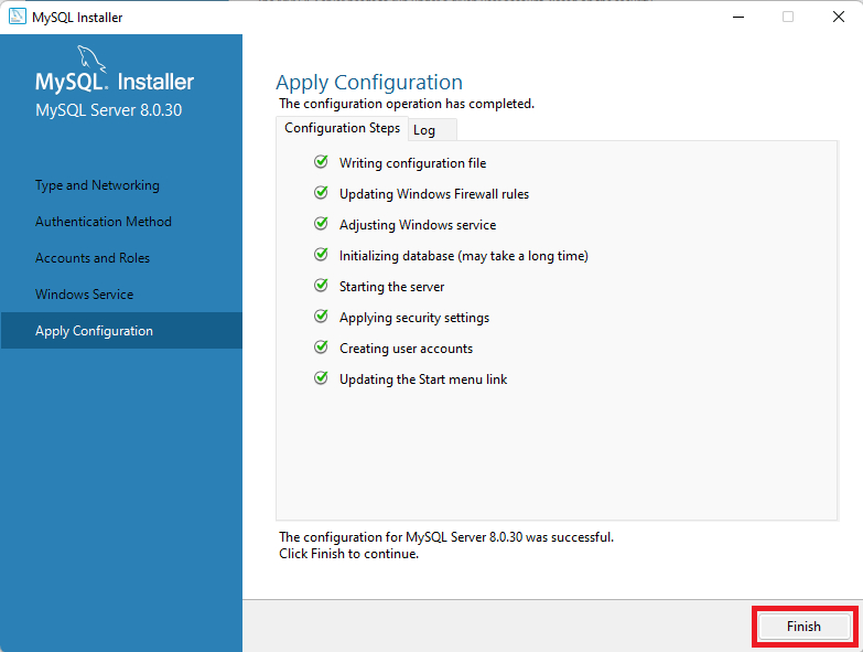 Página do MySQL Installer com a opção  Apply Configuration selecionada. Ao lado, há uma lista de configurações da aplicação devidamente selecionadas, com o botão Finish destacado em um retângulo vermelho, abaixo da página, no canto inferior direito.