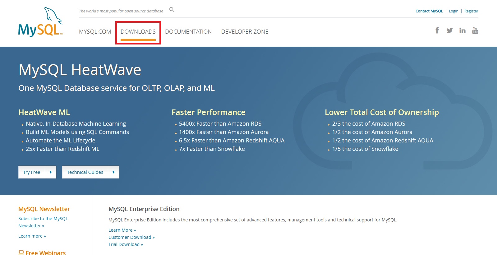 Página inicial do MySQL. Na parte superior da tela temos um menu horizontal com as opções de páginas MySQL.com: downloads, documentation e developer zone. A opção downloads está destacada com um retângulo vermelho.