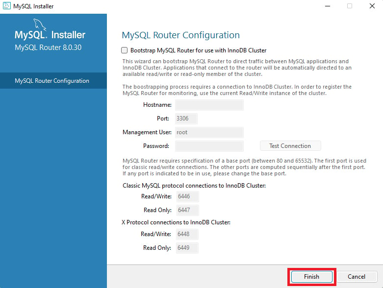 Na sequência da instalação, a imagem mostra a página do MySQL Installer com a opção MySQL Router Configuration selecionada. Ao lado direito há as informações de configuração. Ao final da página, no canto inferior direito, há o  botão Finish destacado com um retângulo vermelho.
