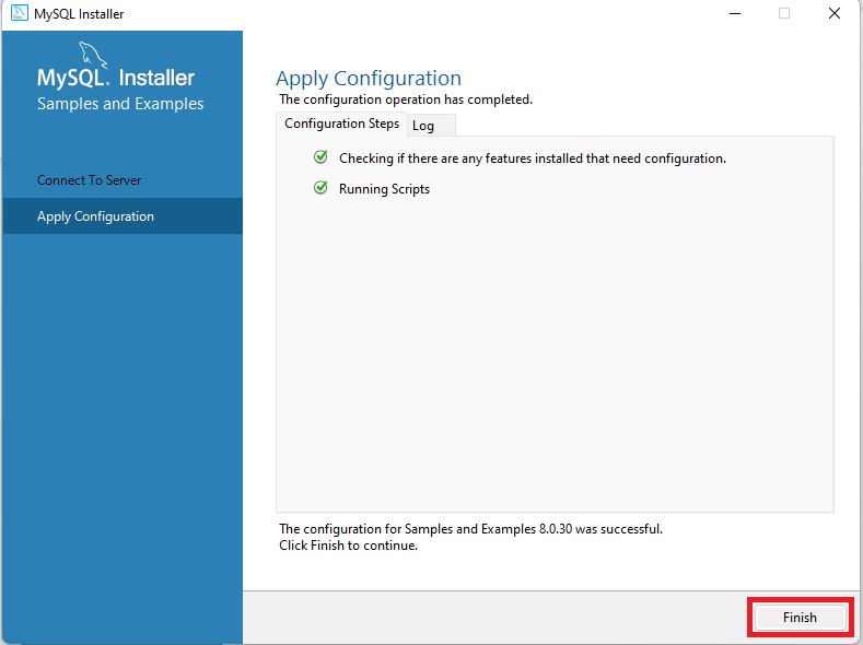 Página do MySQL Installer que mostra o fim da instalação e documentos que podem ajudar na utilização do MySQL, como a documentação. À esquerda,  há um menu de cor azul, com a segunda opção selecionada "Apply Configuration”. Ao lado direito, há as informações sobre o estado concluído das configurações dos steps. Logo abaixo, no canto inferior direito, temos o botão Finish destacado com um retângulo vermelho.