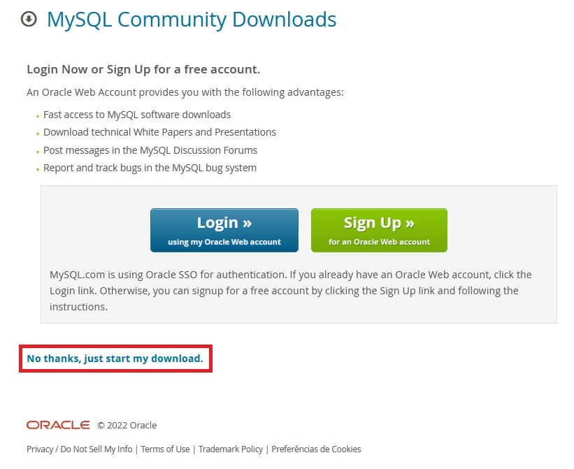 Página MySQL Community Downloads com opções de login, destacadas com botões azul e verde. Na parte inferior, à esquerda da página, há a opção “No thanks, just start my download”, escrito na cor azul. Essa opção está destacada com um retângulo vermelho.