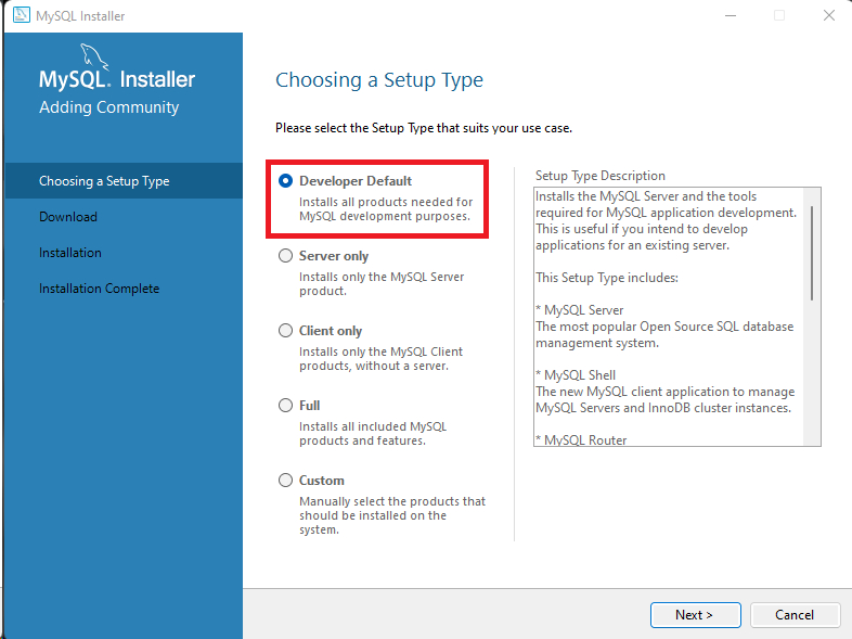 Página do MySQL Installer , com um menu à esquerda da página em azul, com a opção selecionada Choosing a Setup Type. À direita, temos as informações correspondentes  com a primeira opção Developer Default destacada com um retângulo vermelho.