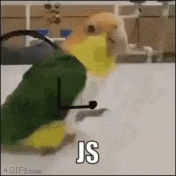 O gif animado apresenta um um papagaio verde e amarelo, com desenhos de dois braços em formato de palitos em seu corpo, caminhando sobre uma mesa branca e depois dando pequenos saltos levantando os braços desenhados, sugerindo uma comemoração. Na parte inferior da tela há um texto com as letras “JS”, que são um apelido para JavaScript.